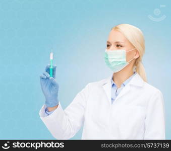 healthcare and medicine concept - female doctor in mask and gloves holding syringe with injection over blue background