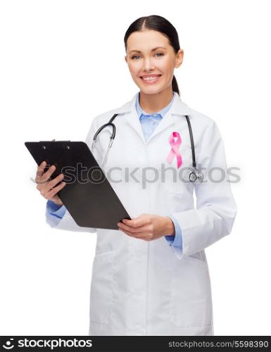 healthcare and medicine concept - female doctor with pink breast cancer awareness ribbon and clipboard