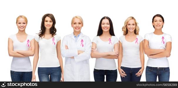 healthcare and medicine concept - group of smiling women and doctor in blank t-shirts with pink breast cancer awareness ribbons