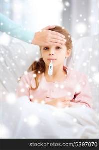 healthcare and medicine concept - ill girl child with thermometer in mouth and caring mother
