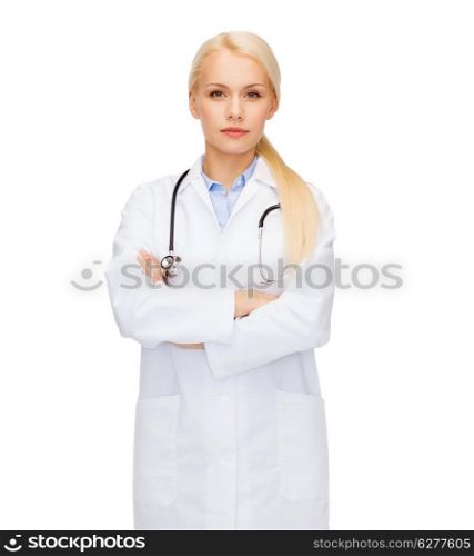 healthcare and medicine concept - serious female doctor with stethoscope