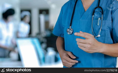 Healthcare and Medicine concept.smart medical doctor working with stethoscope at modern hospital