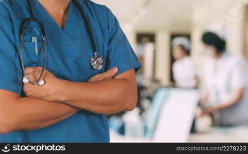 Healthcare and Medicine concept.smart medical doctor working with stethoscope at modern hospital