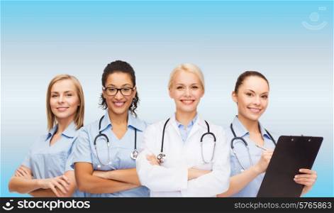 healthcare and medicine concept - smiling female doctor and nurses with stethoscope