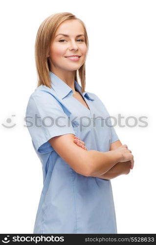 healthcare and medicine concept - smiling female doctor or nurse