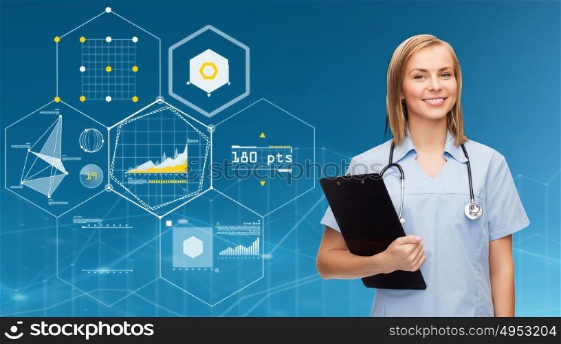 healthcare and medicine concept - smiling female doctor or nurse with clipboard and stethoscope over blue background and charts. smiling female doctor or nurse with clipboard