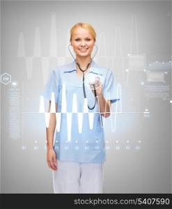 healthcare and medicine concept - smiling female doctor or nurse with stethoscope and cardiogram