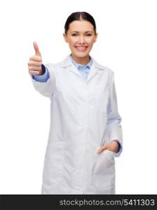 healthcare and medicine concept - smiling female doctor showing thumbs up