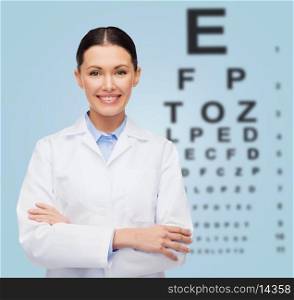healthcare and medicine concept - smiling female doctor with eye chart