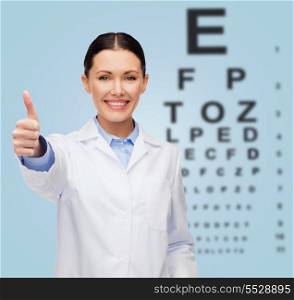 healthcare and medicine concept - smiling female doctor with eye chart showing thumbs up