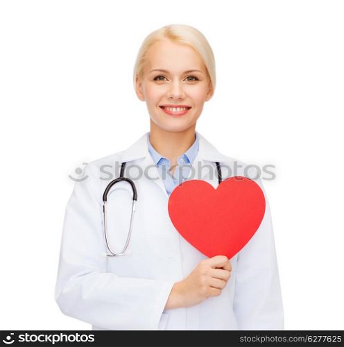 healthcare and medicine concept - smiling female doctor with heart and stethoscope