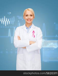 healthcare and medicine concept - smiling female doctor with pink cancer awareness ribbon over graph background