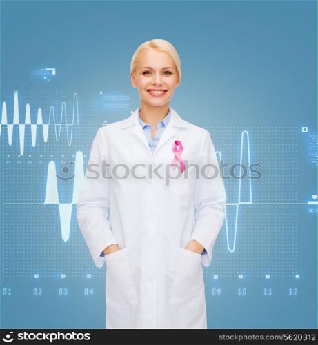 healthcare and medicine concept - smiling female doctor with pink cancer awareness ribbon over graph background
