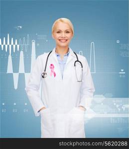 healthcare and medicine concept - smiling female doctor with stethoscope and pink cancer awareness ribbon over cardiogram background