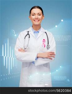 healthcare and medicine concept - smiling female doctor with stethoscope and pink cancer awareness ribbon over cardiogram background