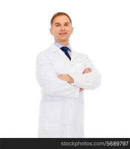 healthcare and medicine concept - smiling standing doctor or professor with crossed arms