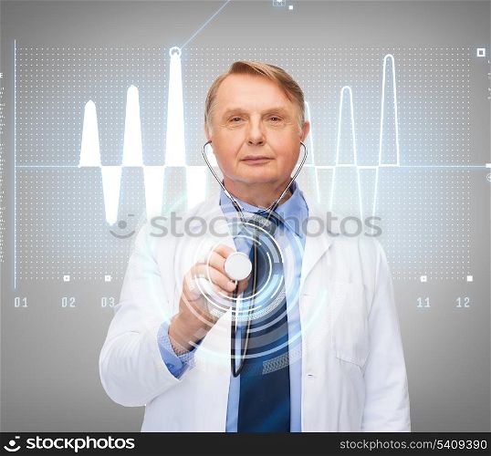 healthcare and medicine concept - smiling standing doctor or professor with stethoscope and cardiogram
