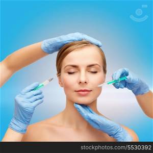 healthcare, beauty and medicine concept - beautiful woman face with closed eyes and beautician hands with syringe