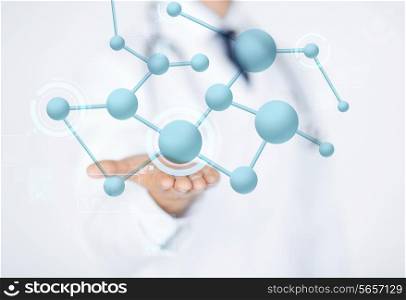 healthcare, biology, people and medicine concept - close up of male doctor hand with molecular projection
