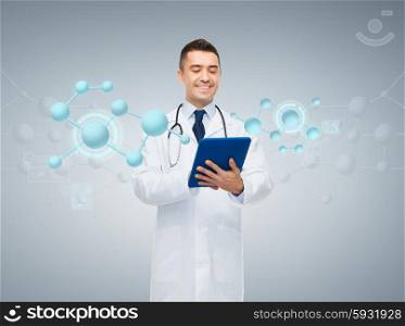 healthcare, biology, technology, people and medicine concept - smiling male doctor in white coat with tablet pc computer and molecule structure over gray background