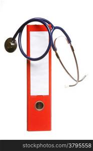 Healthcare, blue stethoscope and red file folder isolated on white