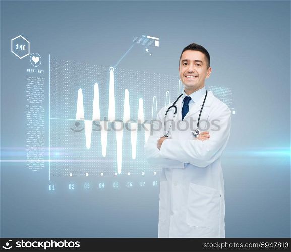 healthcare, cardiology, future technology and people and medicine concept - smiling male doctor in white coat with cardiogram on virtual screen over gray background