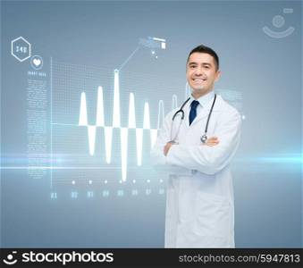 healthcare, cardiology, future technology and people and medicine concept - smiling male doctor in white coat with cardiogram on virtual screen over gray background