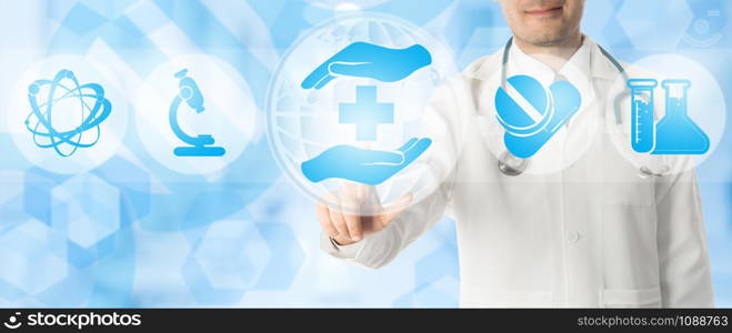 Healthcare Concept - Doctor points at health caring icon with other medical icons showing health data record and medical examination technology display on blue abstract background.