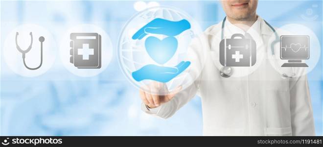 Healthcare Concept - Doctor points at health caring icon with other medical icons showing health data record and medical examination technology display on blue abstract background.