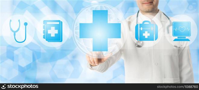 Healthcare Concept - Doctor points at medical cross with other medical icons showing patient caring and health examination technology display on blue abstract background.