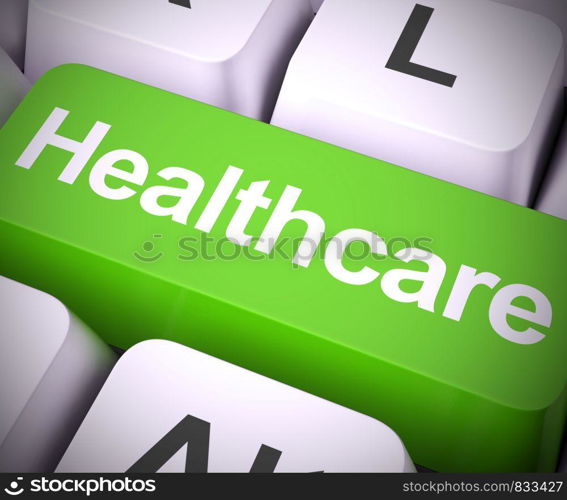 Healthcare concept icon means having a medical check up or physical. Well-being or wellness cared for by Doctor - 3d illustration. Healthcare Key In Blue Showing Online Health Care