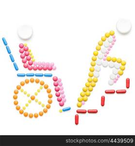 Healthcare concept made of drugs and pills, isolated on white. Helpless person in a wheelchair in front of stairs.
