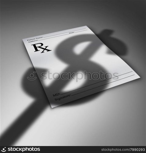 Healthcare cost crisis or health care costs concept as a doctor prescription paper with the cast shadow of a dollar sign as a medical finances stress symbol and the price for medicine and therapy services.