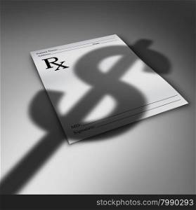 Healthcare cost crisis or health care costs concept as a doctor prescription paper with the cast shadow of a dollar sign as a medical finances stress symbol and the price for medicine and therapy services.