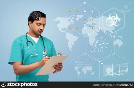 healthcare, epidemic and medicine concept - doctor or male nurse in blue uniform writing medical report on clipboard over world map and pandemic statistics background. male doctor with clipboard over world statistics