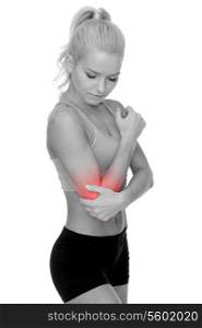 healthcare, fitness and medicine - sporty woman with pain in elbow