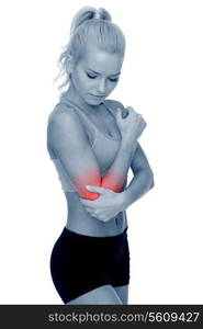 healthcare, fitness and medicine - sporty woman with pain in elbow