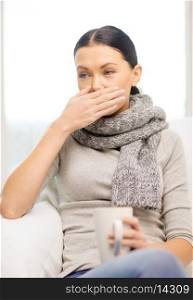 healthcare, home and medicine concept - ill woman with flu at home