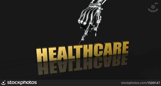 Healthcare Industry with Robotic Hand Pointing on Black Background. Healthcare Industry