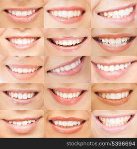 healthcare, medical and stomatology concept - examples of female smiles