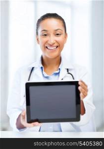 healthcare, medical and technology concept - african female doctor with tablet pc