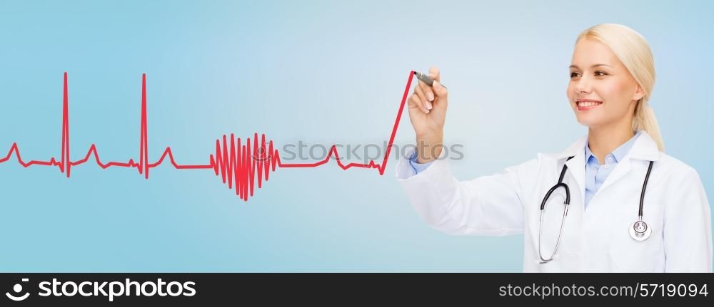 healthcare, medical and technology concept - young female doctor drawing heartbeat cardiogram in the air over blue background