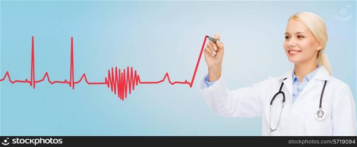 healthcare, medical and technology concept - young female doctor drawing heartbeat cardiogram in the air over blue background