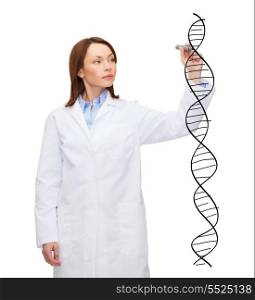 healthcare, medical and technology concept - young female doctor writing dna molecule in the air
