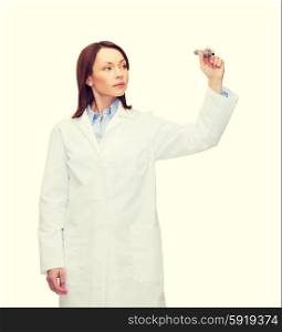 healthcare, medical and technology concept - young female doctor writing something in the air