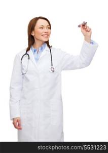healthcare, medical and technology concept - young female doctor wtih stethoscope writing something in the air