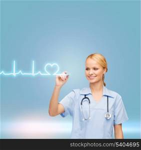 healthcare, medical and technology - young doctor or nurse drawing cardiogram