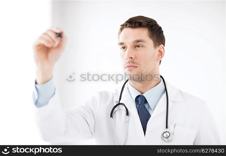 healthcare, medical and technology - young doctor working with something imaginary