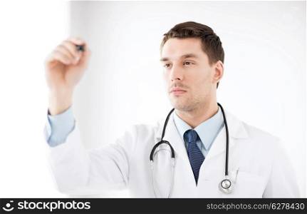 healthcare, medical and technology - young doctor working with something imaginary