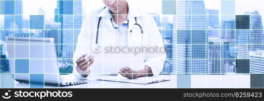 healthcare, medical diagnosis and technology concept - african female doctor with laptop pc computer looking at medical report over blue grid and city background